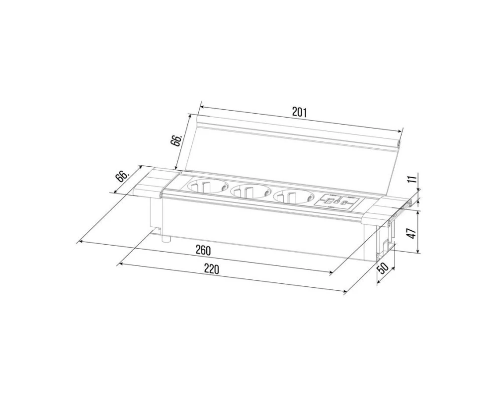 Блок розеток с откидной крышкой (3 розетки, USB-A, USB-C) 260x66x11 Рива / Riva