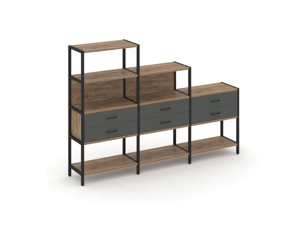 Трехсекционный стеллаж четырех/трех/двухярусный с ящиками 2730х400х1613 Шелф Систем / Shelf System