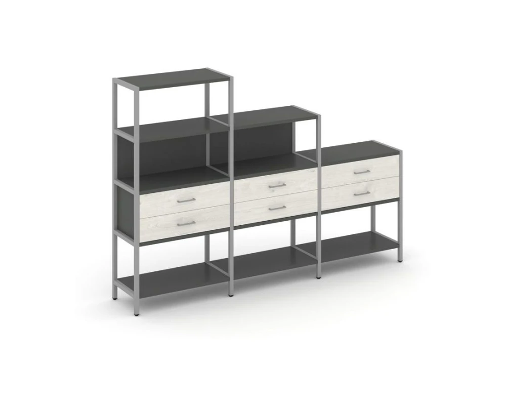 Трехсекционный стеллаж четырех/трех/двухярусный с ящиками 2730х400х1613 Шелф Систем / Shelf System