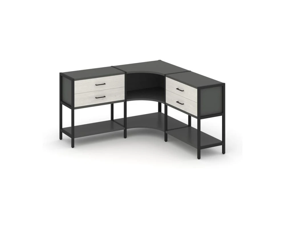 Трехсекционный угловой стеллаж двухярусный с ящиками 1590х1590х879 Шелф Систем / Shelf System