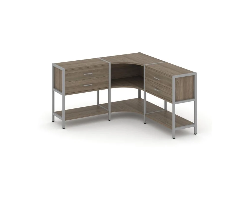 Трехсекционный угловой стеллаж двухярусный с ящиками 1590х1590х879 Шелф Систем / Shelf System