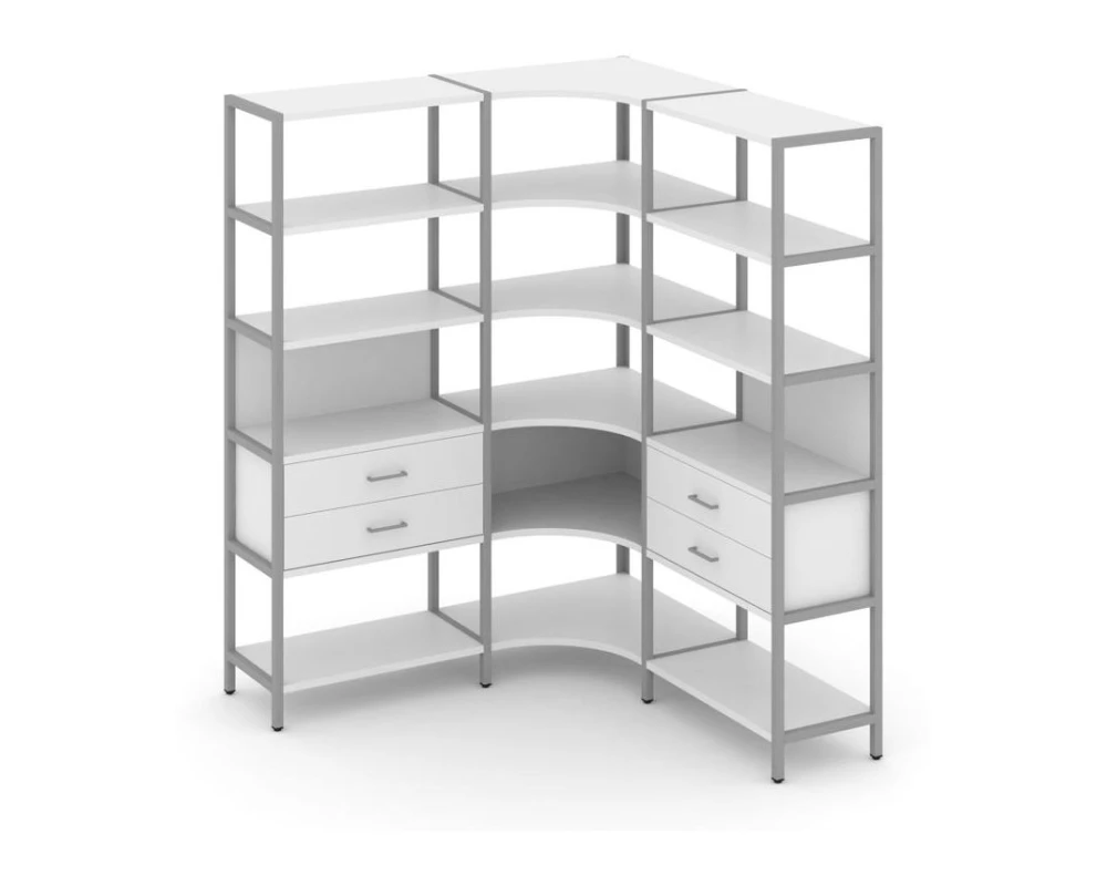 Трехсекционный угловой стеллаж пятиярусный с ящиками 1590х1590х1980 Шелф Систем / Shelf System