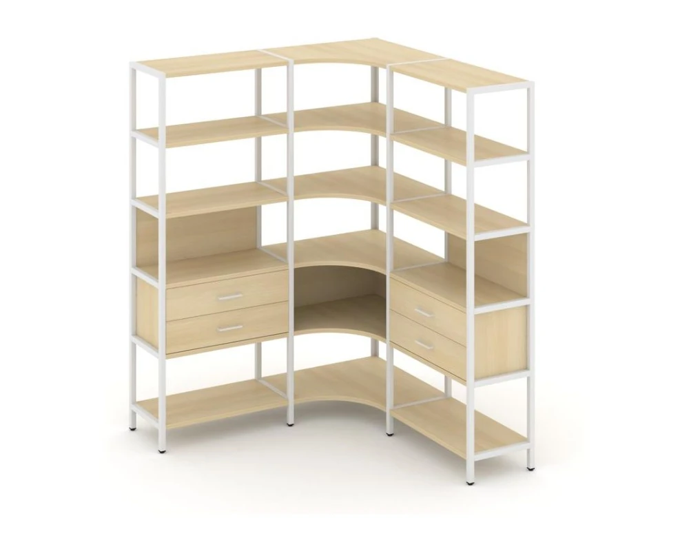 Трехсекционный угловой стеллаж пятиярусный с ящиками 1590х1590х1980 Шелф Систем / Shelf System