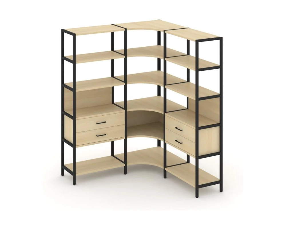 Трехсекционный угловой стеллаж пятиярусный с ящиками 1590х1590х1980 Шелф Систем / Shelf System