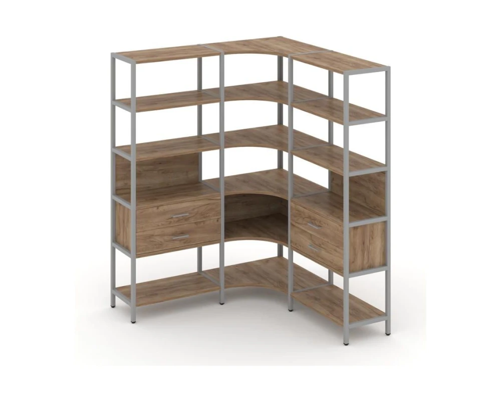 Трехсекционный угловой стеллаж пятиярусный с ящиками 1590х1590х1980 Шелф Систем / Shelf System