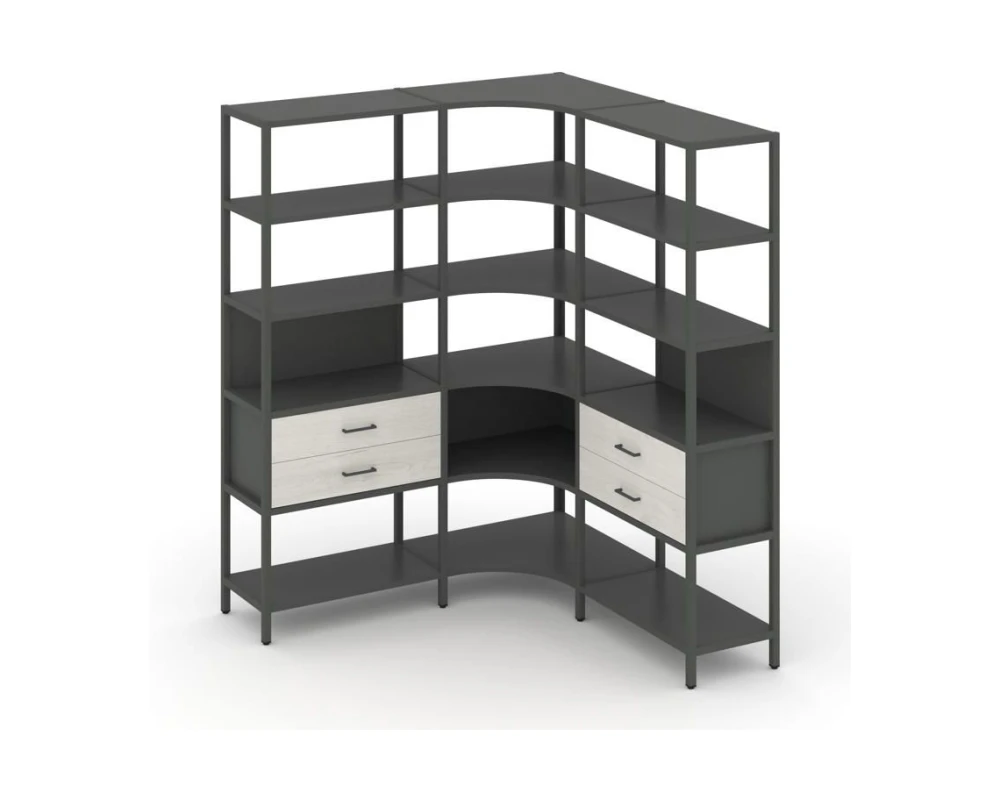 Трехсекционный угловой стеллаж пятиярусный с ящиками 1590х1590х1980 Шелф Систем / Shelf System