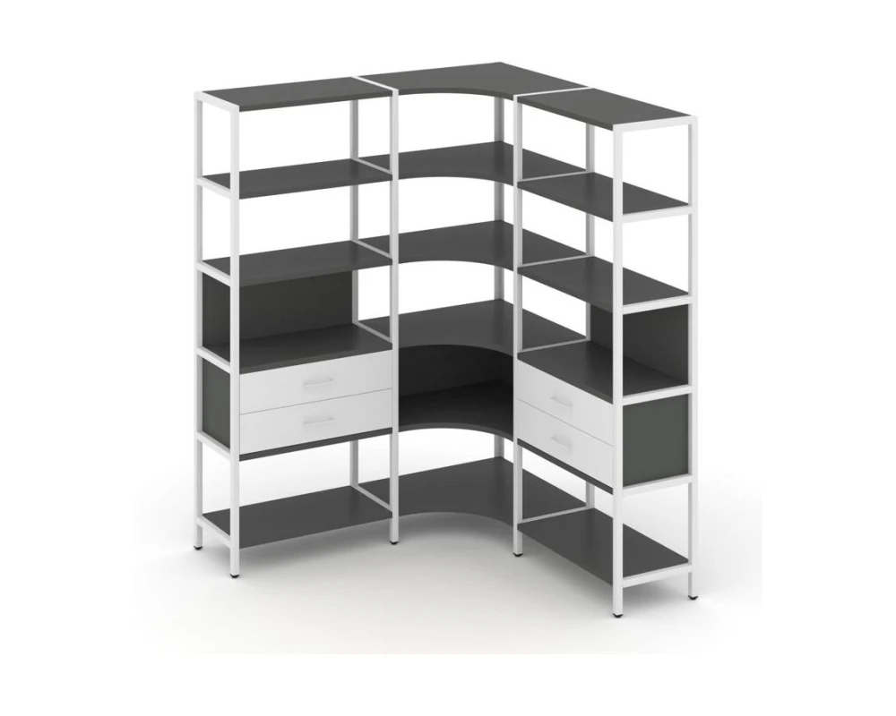 Трехсекционный угловой стеллаж пятиярусный с ящиками 1590х1590х1980 Шелф Систем / Shelf System