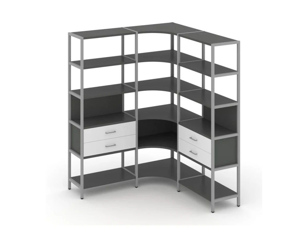 Трехсекционный угловой стеллаж пятиярусный с ящиками 1590х1590х1980 Шелф Систем / Shelf System