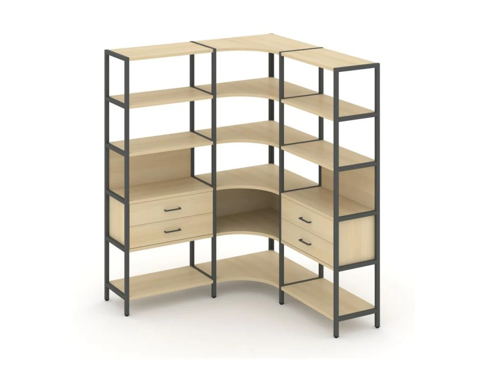 Трехсекционный угловой стеллаж пятиярусный с ящиками 1590х1590х1980 Шелф Систем / Shelf System